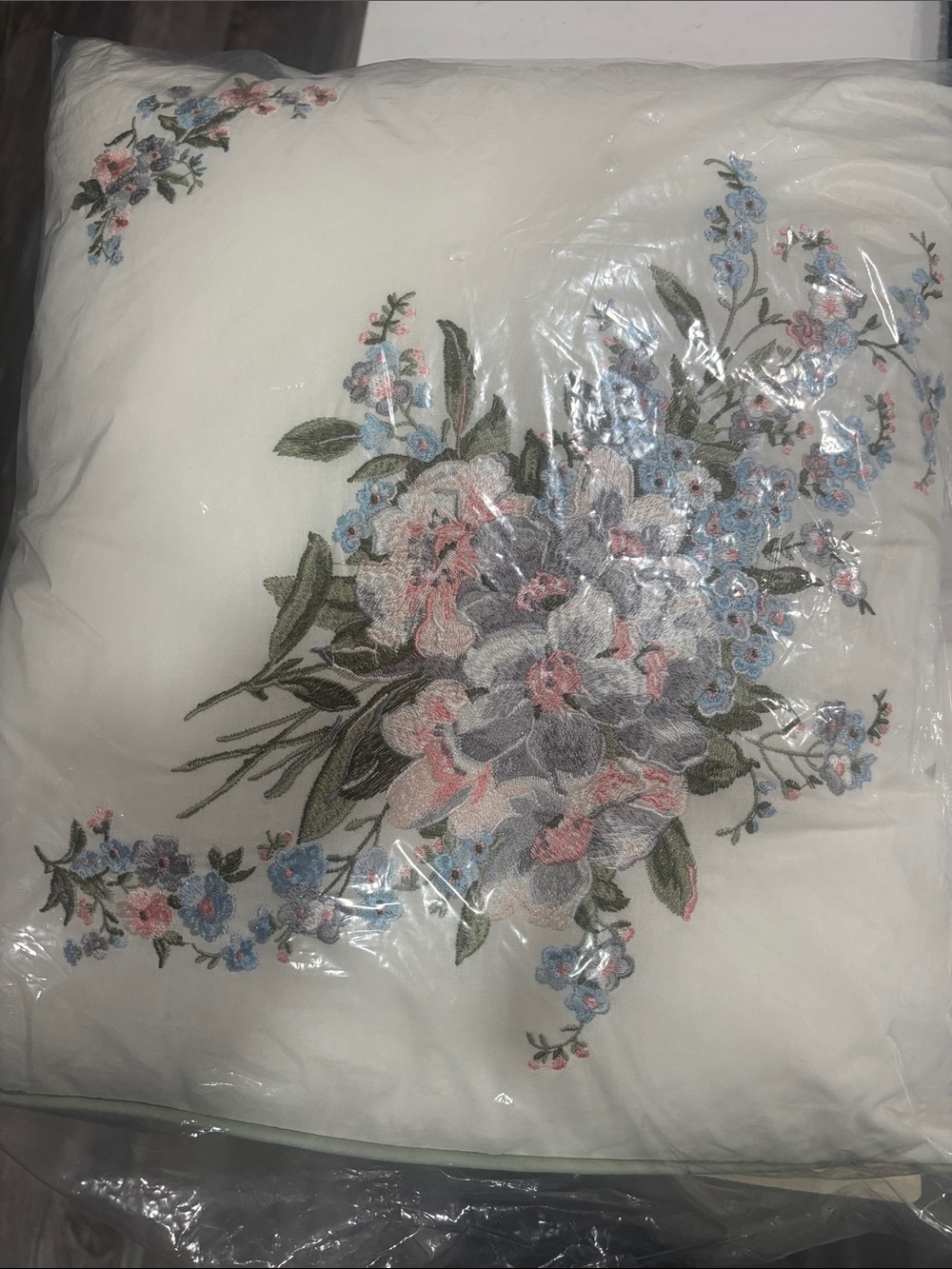 Laura Ashley Embroidered Floral Pillow in White with Pink & Blue